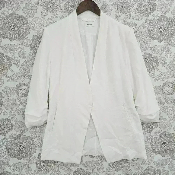 Mod Ref Open Front White Blazer Women's M Ruched Sleeve 3441C - Picture 1 of 8
